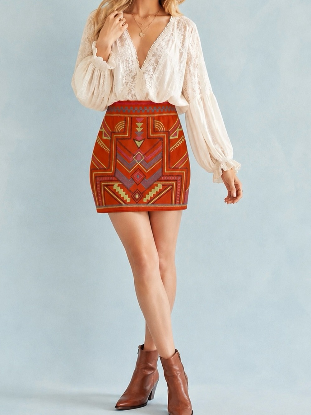 Anthro Champagne & Strawberry Southwest Embroidered Mini Skirt | M